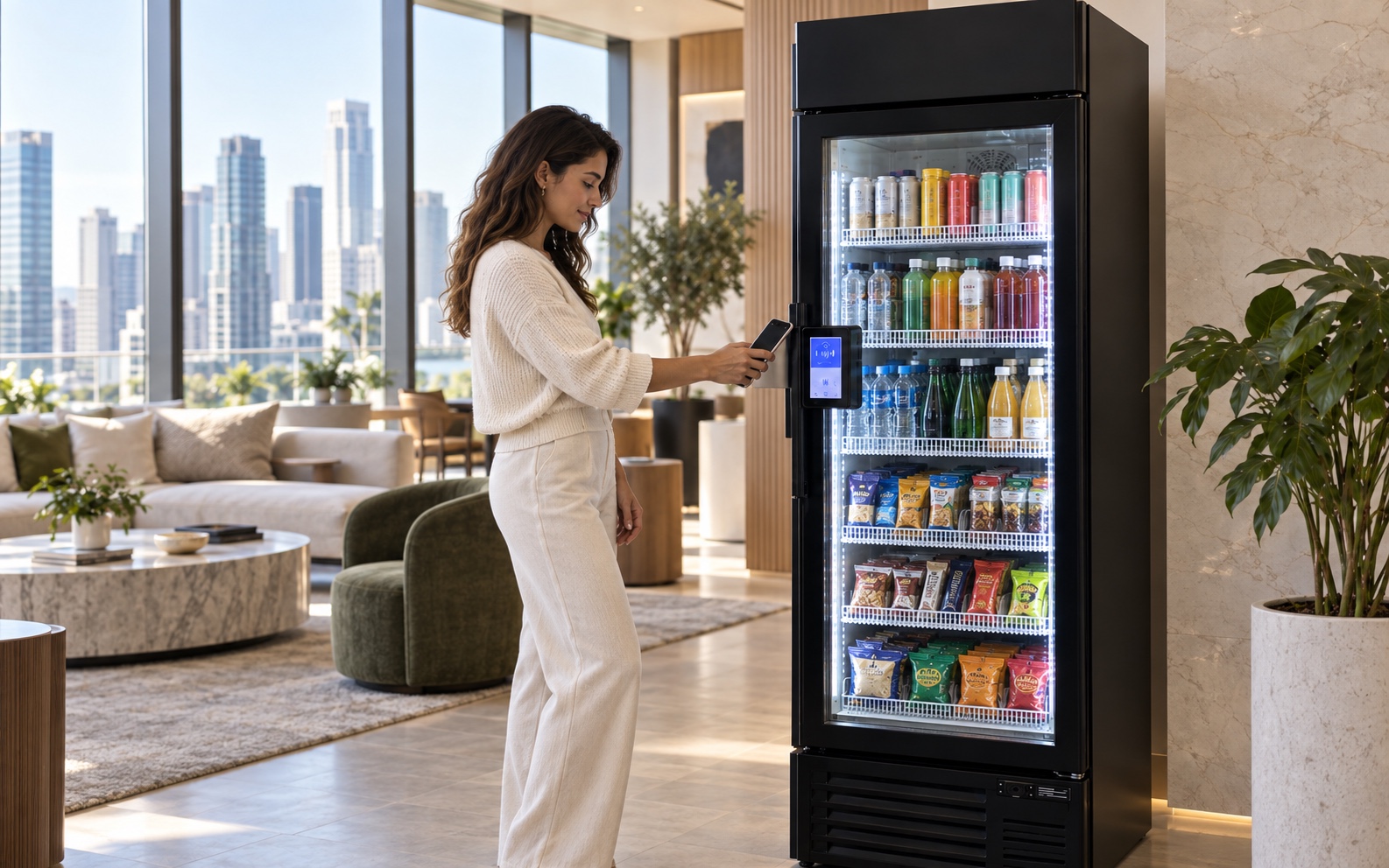 A resident using a smart vending cooler in an upscale high-rise apartment lounge